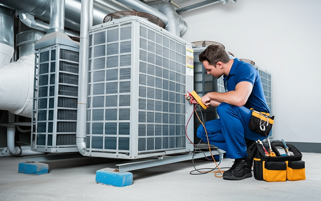 HVAC technician performing cooling system maintenance